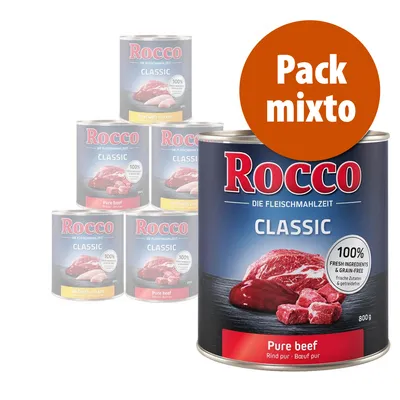Pack mixto de latas Rocco Classic. Etiquetas visibles: Pure beef, Beef with chicken, 100 % fresh ingredients & grain-free. Lata principal de 800 g en primer plano.