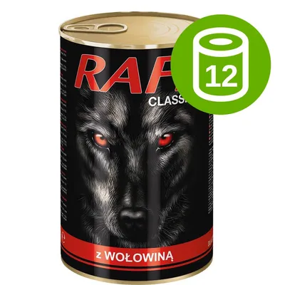 Rafi Classic z wołowiną, burk med vargmotiv och text på polska. Grön ikon med symbol för 12-pack.