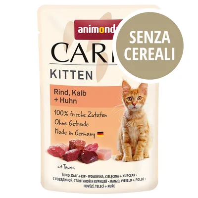Animonda Carny Kitten Rind, Kalb + Huhn. 100% frische Zutaten, Ohne Getreide, Made in Germany. Senza cereali. Immagine di un gattino e pezzi di carne sul fronte della confezione.