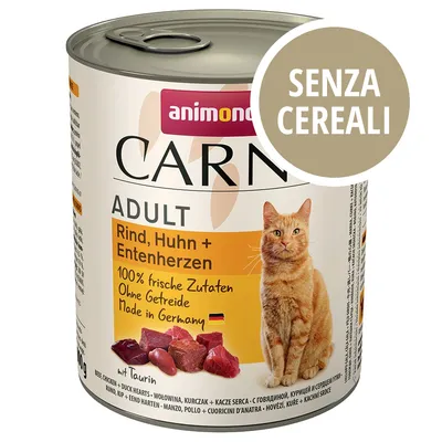 animonda Carny Adult Rind, Huhn + Entenherzen, 100% frische Zutaten, Ohne Getreide, Made in Germany, SENZA CEREALI, immagine di un gatto e carne visibile sulla confezione