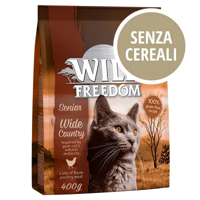 Wild Freedom Senior Wide Country, 400 g, senza cereali, ricetta 100% grain-free, lots of fresh poultry meat, ispirato dagli istinti naturali del gatto, immagine di un gatto grigio.