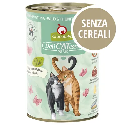 GranataPet DeliCATessen Paté Wild & Thunfisch, lattina con due gatti illustrati e scritta grande 'Senza cereali' in evidenza sul fronte.
