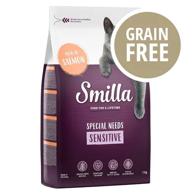 Smilla Special Needs Sensitive, rich in salmon, GRAIN FREE, 1 kg. Testo visibile: food for a lifetime, grain-free recipe, contains taurine, omega fatty acids, yucca schidigera.