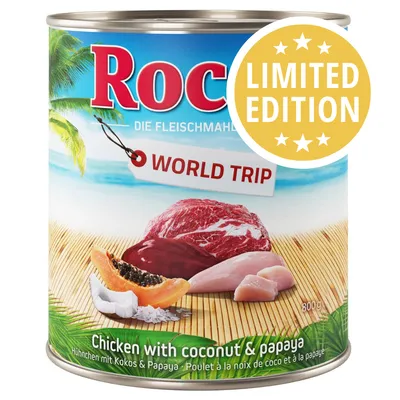 Rocco World Trip Limited Edition, 800 g, Chicken with coconut & papaya. Immagine di carne, pollo, cocco e papaya sulla confezione.