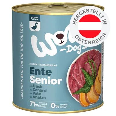 Woof Dog Ente Senior, Premium Feuchtnahrung mit Ente für Senioren, 71% Fleisch & Innereien, 0% Getreide & Gluten, hergestellt in Österreich