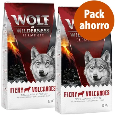 Pack ahorro Wolf of Wilderness Elements Fiery Volcanoes, proteína animal única, carne fresca de cordero, receta sin cereales, 2 sacos de 12 kg cada uno.