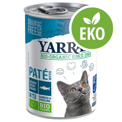 Yarrah Bio-Organic Since 1992, paté med sill, sjögräs och spirulina för katter. Text: Grain Free Recipe, BIO ORGANIC, EKO. Bild på grå katt. 400 g burk.