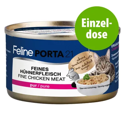 Feline Porta 21 Feines Hühnerfleisch, pur, Einzeldose, ohne Zuckerzusatz, Abbildung einer Katze und Schale mit Fleisch, Text auch auf Englisch vorhanden.