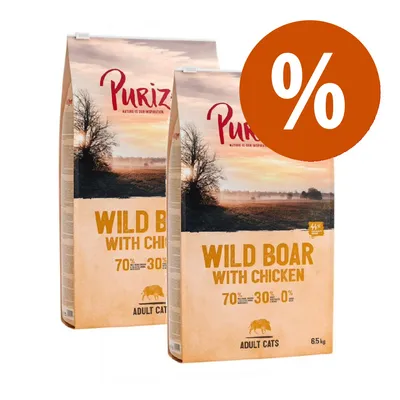 Purizon Wild Boar with Chicken per gatti adulti, 2 sacchi da 6,5 kg. Testo visibile: 70% carne, 30% frutta e verdura, 0% cereali. Simbolo percentuale arancione in alto a destra.