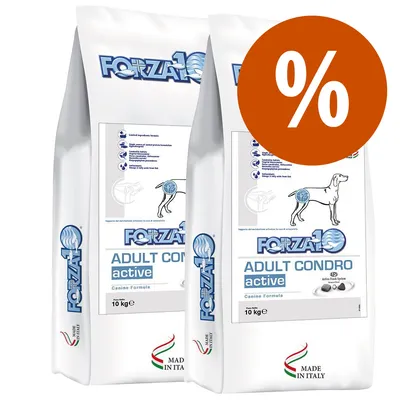 Två säckar Forza10 Adult Condro Active hundfoder, 10 kg vardera, med texten 'Made in Italy' och stor procent-symbol för rabatt. Två säckar Forza10 Adult Condro Active hundfoder, 10 kg vardera, med texten 'Made in Italy' och stor procent-symbol för rabatt.