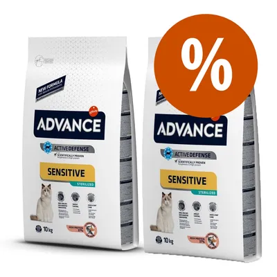 Due sacchi da 10 kg di crocchette per gatti Advance Sensitive Sterilized, marchio Affinity, con scritta promozionale % su cerchio arancione visibile sull'immagine.