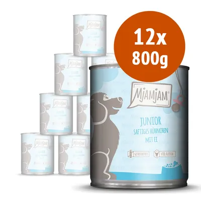 Mjamjam Junior Saftiges Hühnchen mit Ei, confezione da 12 lattine da 800 g. Testo visibile: getreidefrei, viel fleisch.