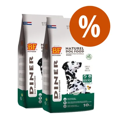 Due sacchi BF Petfood Diner Easy Digestion Naturel Dog Food 10 kg con immagine di un dalmata, testo 'Made in Holland', simbolo percentuale arancione in alto a destra.
