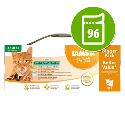 Caja IAMS Delights Land & Sea Collection para gatos adultos, 96 sobres de 85 g. Variedades: pollo y pavo, cordero y pimiento, atún y guisantes, salmón y bacalao.