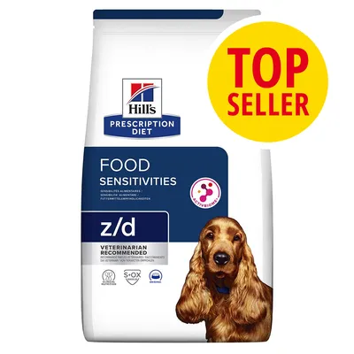 Hill's Prescription Diet Food Sensitivities z/d, raccomandato dai veterinari, con simbolo Top Seller e immagine di un cane. Testi visibili: ACTIVBIOME+, S+OX SHIELD, Advanced Nutrition.