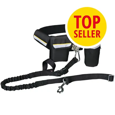 Černý běžecký pás s kapsami a vodítkem pro psy, reflexní prvky, žlutý kruh s červeným textem TOP SELLER