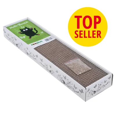 Tiragraffi in cartone Multi-Scratch Zooplus con bustina di erba gatta, confezione rettangolare. Etichetta verde con disegno di gatto nero. Bollino giallo con testo: TOP SELLER.