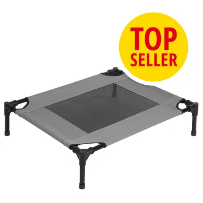 Cama elevada gris para mascotas con estructura de plástico y tejido de malla en el centro. Círculo amarillo con texto: TOP SELLER.