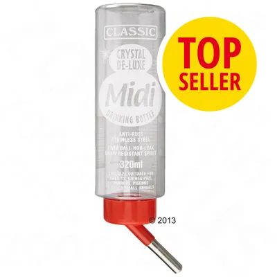 Borraccia Classic Crystal De-Luxe Midi 320 ml, beccuccio in acciaio inox, scritta TOP SELLER su sfondo giallo. Testo visibile: adatta per conigli, cavie, pappagalli, piccioni.