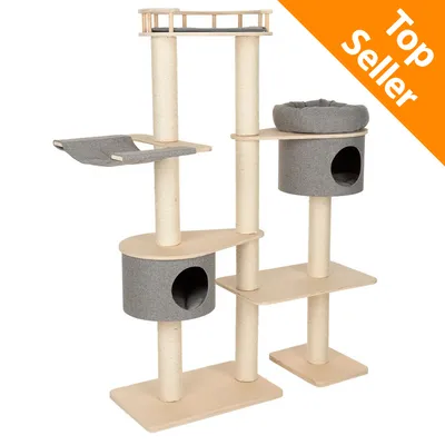 Tiragraffi per gatti con colonne in sisal, due cuccette grigie, amaca e piattaforme. Testo arancione in alto a destra: Top Seller.