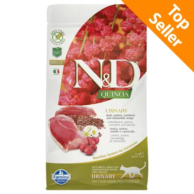 Confezione N&D Quinoa Urinary Farmina per gatti adulti, anatra, quinoa, mirtillo e camomilla. Etichette: Top Seller, Grain Free, Gluten Free, Italian Formula, 1,5 kg. Confezione N&D Quinoa Urinary Farmina per gatti adulti, anatra, quinoa, mirtillo e camomilla. Etichette: Top Seller, Grain Free, Gluten Free, Italian Formula, 1,5 kg.