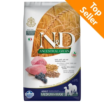 N&D Ancestral Grain agnello, farro, avena e mirtillo per cani adulti taglia medium e maxi. Marchio Farmina. Scritta Top Seller in alto a destra.