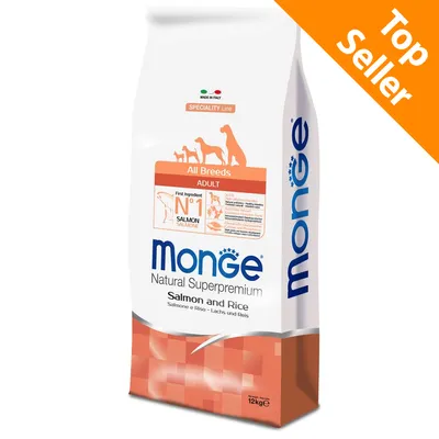 Monge Natural Superpremium Salmon and Rice hondenvoer, All Breeds Adult, 12 kg zak. Top Seller badge zichtbaar. Eerste ingrediënt: zalm. Speciality Line, Made in Italy.