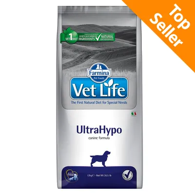 Farmina Vet Life UltraHypo canine formula, sacco da 12 kg. Testi visibili: 'The First Natural Diet for Special Needs', 'Top Seller', 'Genetically Modified Ingredients', 'Natural Antioxidants'.