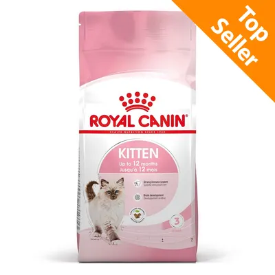 Royal Canin Kitten, fino a 12 mesi. Testo visibile: Strong immune system, Brain development, crocchette mostrate, Top Seller in alto a destra.