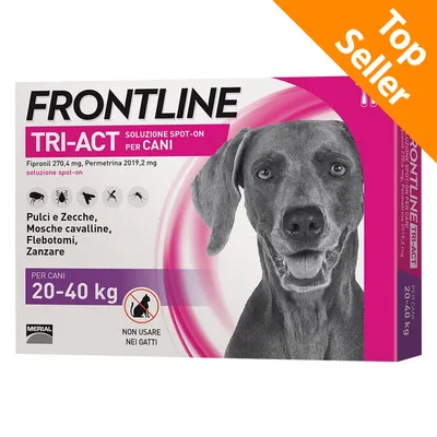 FRONTLINE TRI-ACT soluzione spot-on per cani 20–40 kg, Fipronil 270,4 mg, Permetrina 2019,2 mg. Pulci e zecche, mosche cavalline, flebotomi, zanzare. Non usare nei gatti. Top Seller. FRONTLINE TRI-ACT soluzione spot-on per cani 20–40 kg, Fipronil 270,4 mg, Permetrina 2019,2 mg. Pulci e zecche, mosche cavalline, flebotomi, zanzare. Non usare nei gatti. Top Seller.