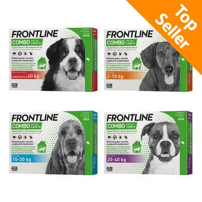 Frontline Combo Spot-On per cani: confezioni XL superiore a 40 kg, P 2–10 kg, M 10–20 kg, G 20–40 kg. Elimina pulci, zecche e pidocchi masticatori. Top Seller.