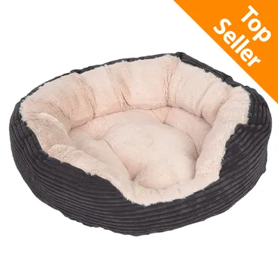 Cuccia rotonda in tessuto grigio a coste con interno imbottito beige, angolo arancione in alto a destra con testo: Top Seller