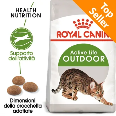 Royal Canin Active Life Outdoor, crocchette per gatti. Testi visibili: Health Nutrition, Supporto dell’attività, Dimensioni della crocchetta adattate, Top Seller.
