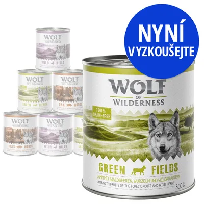 Konzervy Wolf of Wilderness, příchutě Green Fields, Oak Woods, Wild Hills. Text na obalu: 100% grain-free, nyní vyzkoušejte. Velká konzerva Green Fields 800 g v popředí.