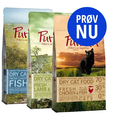 Tre poser Purizon tørfoder til kat: Fresh-caught Fish, Fresh Lamb & Wild Caught Fish, Fresh Chicken & Wild Caught Fish. Stor blå cirkel med teksten 'PRØV NU'.