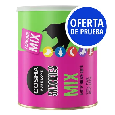Cosma Pure Love Snackies Mix, 100 % carne y pescado puro liofilizado. Oferta de prueba visible en círculo azul. Envase cilíndrico con ilustraciones de animales.