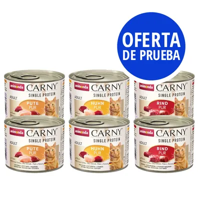 6 latas de comida para gatos animonda Carny Single Protein Adult: Pute Pur, Huhn Pur y Rind Pur. Círculo azul con texto: OFERTA DE PRUEBA.