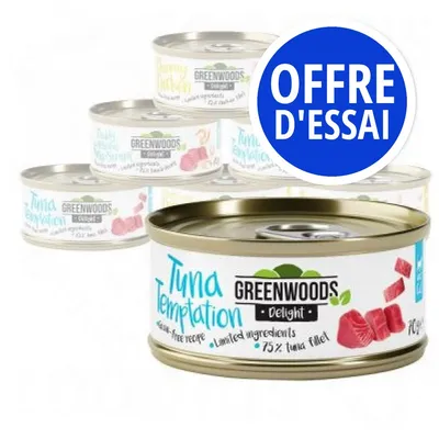 Lot de boîtes Greenwoods Delight, étiquette visible : Tuna Temptation, 75 % filet de thon, offre d'essai indiquée sur un macaron bleu.