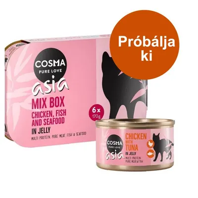 COSMA PURE LOVE asia MIX BOX 6×170g, CHICKEN, FISH AND SEAFOOD IN JELLY, CHICKEN WITH TUNA IN JELLY. Próbálja ki felirat látható a képen.