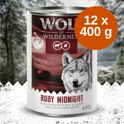 Wolf of Wilderness Ruby Midnight konzerv, 400 g, 12 darabos csomag. Felirat: Fresh pork with beef & rabbit, 100% grain-free recipe.