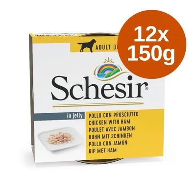Schesir in jelly, csirke sonkával, 12×150g, felnőtt kutyáknak. A csomagoláson többnyelvű felirat és egy tál étel képe látható.