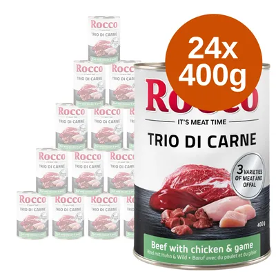 Rocco Trio di Carne, 24 puszki po 400 g. Widoczne mięso wołowe, kurczak i dziczyzna. Na etykiecie: 3 varieties of meat and offal, Beef with chicken & game.