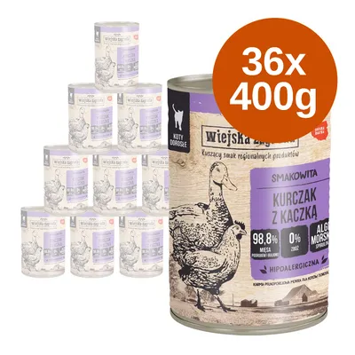 Wiejska Zagroda Kurczak z Kaczką dla kotów dorosłych, 36 puszek po 400 g. Widoczne napisy: 98,8 % mięsa, 0 % zbóż, algi morskie, hipoalergiczna.