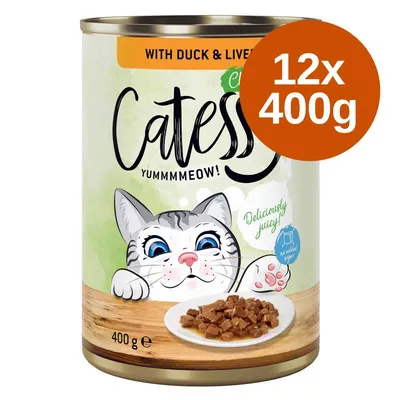 Catessy macskaeledel kacsával és májjal, 12×400g, dobozon: Deliciously juicy!, no added sugar, 400g e, YUMMMMEOW!