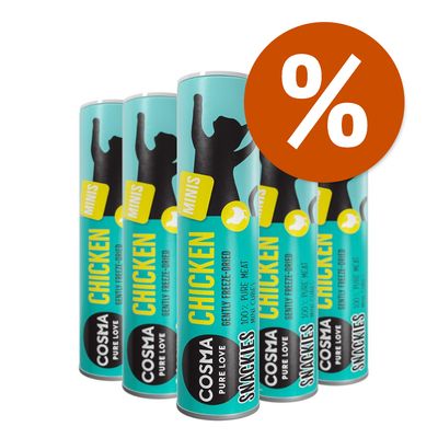 Multipack risparmio! 5 x Cosma Snackies Minis Snack per gatti Mix: 2x Pollo, 2x Tonno, 1x Salmone
