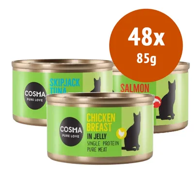 Cosma Pure Love lattine per gatti, gusti visibili: Chicken Breast in Jelly, Skipjack Tuna, Salmon. Confezione 48x85g indicata su bollino arancione.