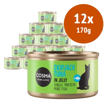 Cosma Pure Love Skipjack Tuna in Jelly, Single Protein Pure Fish, confezione da 12x170g visibile su etichetta verde con silhouette di gatto nera.