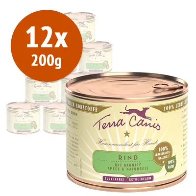 12x200g Terra Canis Rind mit Karotte Apfel & Naturreis, 100% Lebensmittelqualität, 100% Natur, glutenfrei, getreidearm. Testo in tedesco.