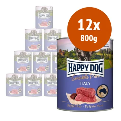 12 lattine da 800 g di Happy Dog Sensible Pure Italy, visibile scritta 'Büffel Pur - Buffalo Pure' e immagine di carne di bufalo sulla confezione.