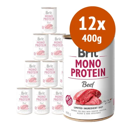 12 lattine da 400 g Brit Mono Protein Beef, etichetta visibile con scritta 'Limited Ingredient Diet', immagine di carne e simbolo 'Gluten Free'.